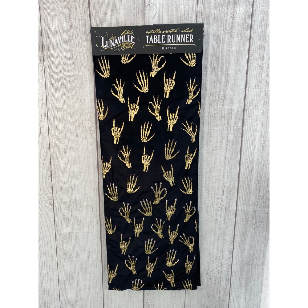 Lunaville Table Runner Black Gold Metallic Skeleton Hand Beaded Nails Halloween